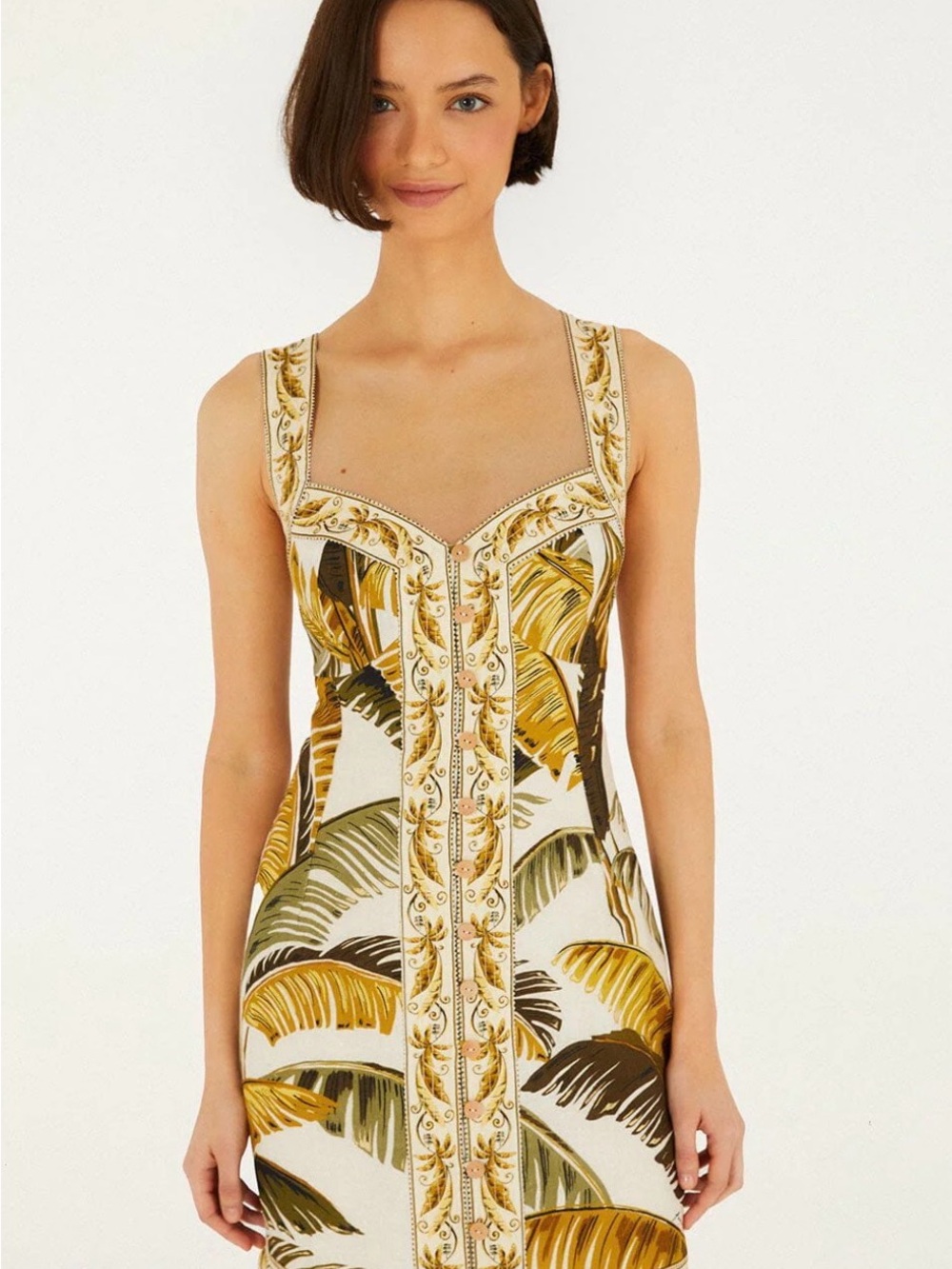 FARM Rio Cream Mini Dress with Gold and Olive Leaf Print